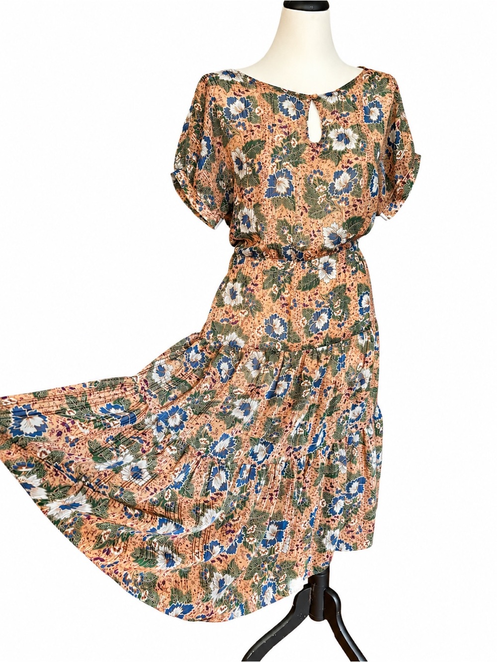 Vintage 70s–90s Boho Floral Midi/Maxi Dress Gold Sheer Overlay Elastic Waist M/L